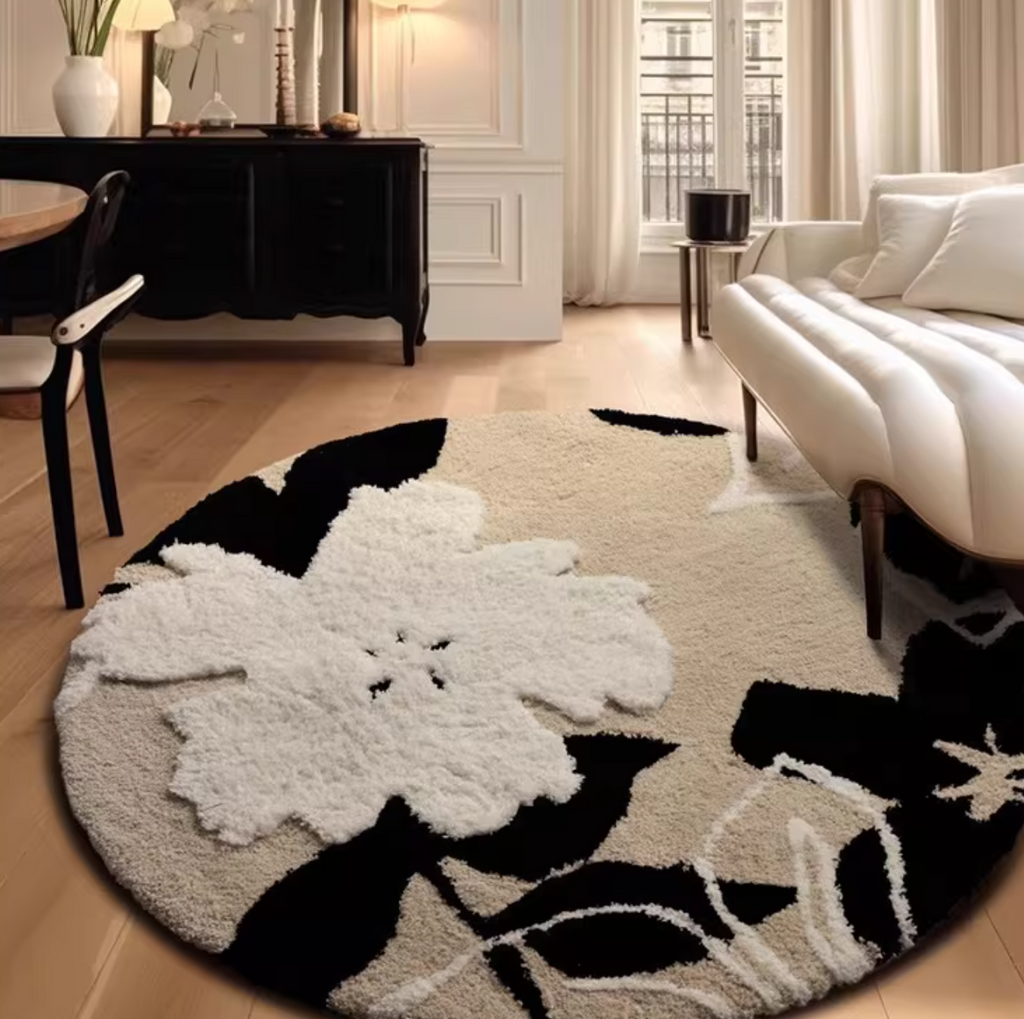 Modern Floral Flocked Round Rug