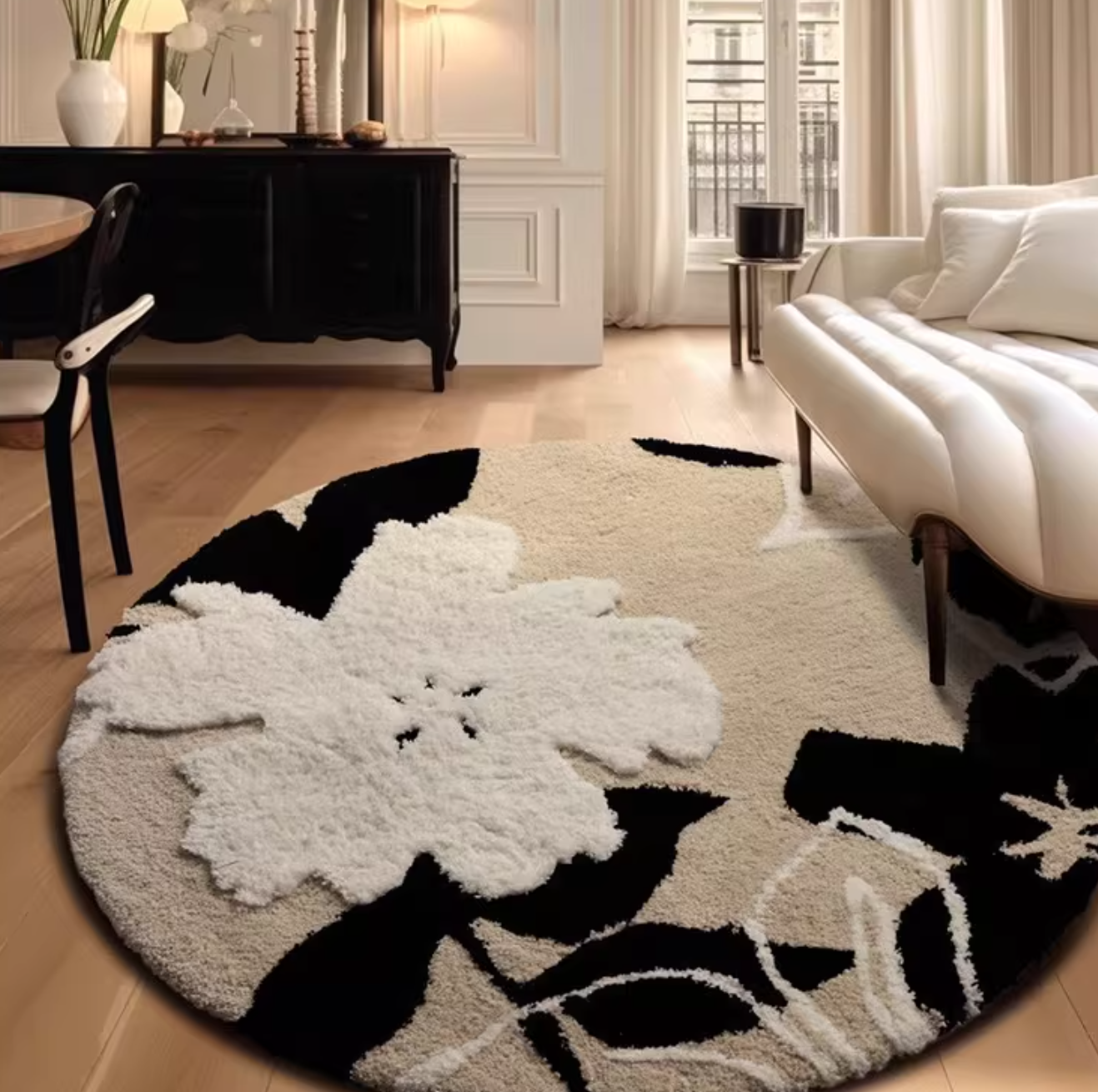 Modern Floral Flocked Round Rug