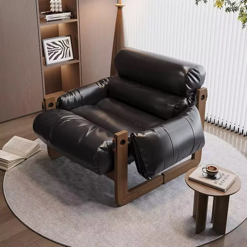 Leather Lounge Chair with Wooden Frame