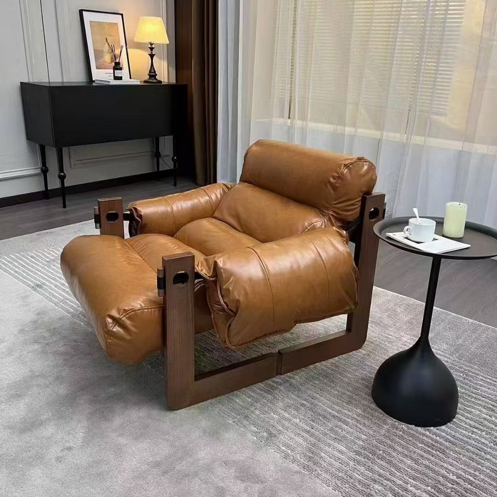 Leather Lounge Chair with Wooden Frame